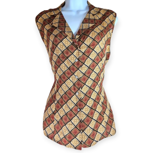NWOT Casual Corner red tan gold print silk blouse top Womens 12 - Picture 2 of 8